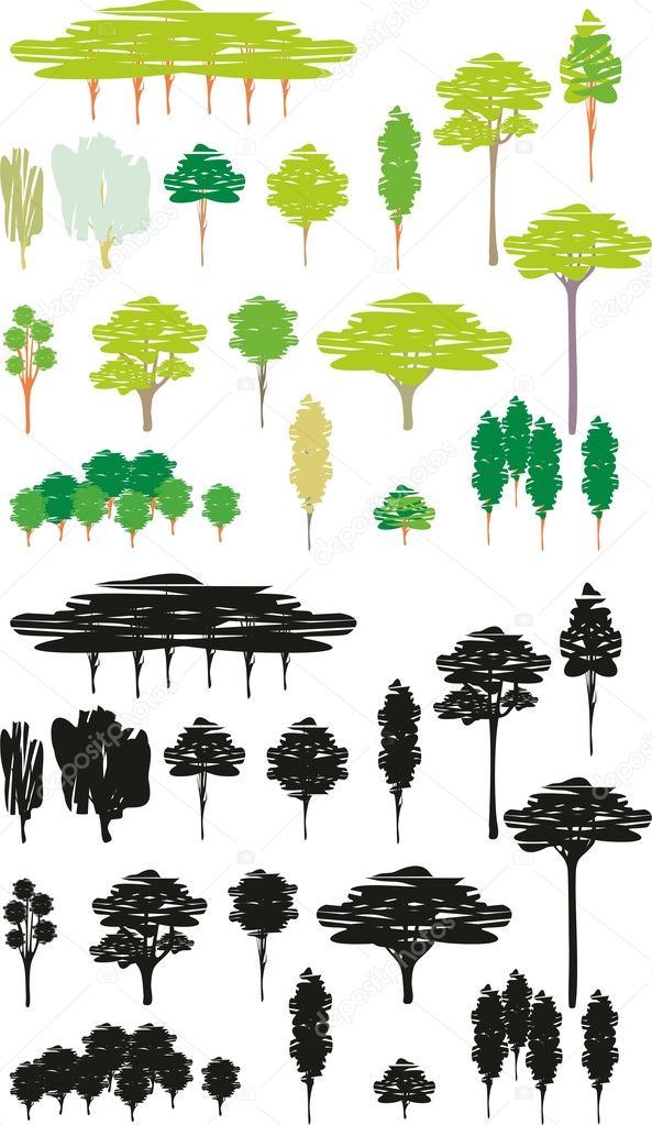 Vector color illustration isolated trees cartoon set of silhouettes