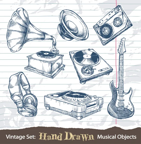 Conjunto de objectos musicais desenhados à mão — Vetor de Stock