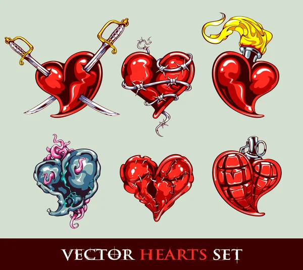 Uppsättning vektor tatuering stiliserade vector hearts — Stock vektor