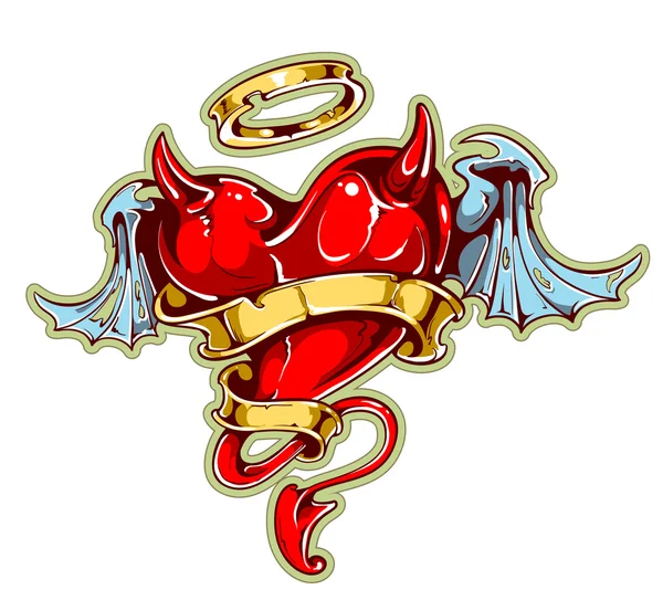 Coeur de tatouage avec ailes, cornes et ruban — Image vectorielle