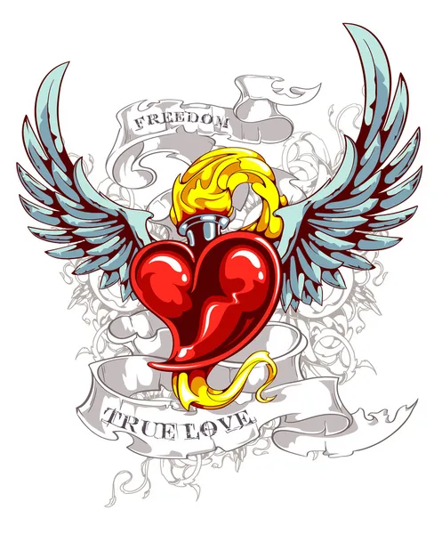 Coeur brûlant avec ruban et motif fleuri — Image vectorielle