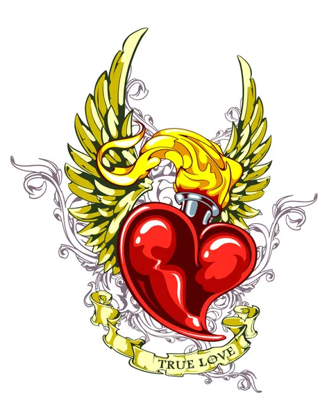Coeur brûlant avec ruban et motif fleuri — Image vectorielle