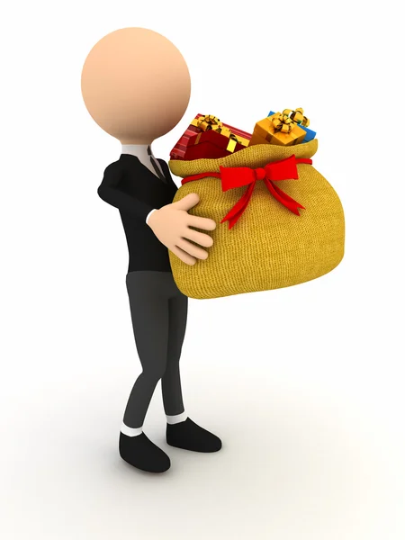 3d character with Christmas bag over white — Stock Photo, Image