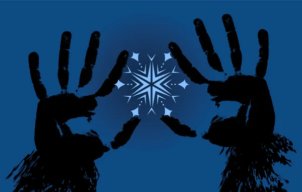 Händerna håller en snöflinga på en mörkblå bakgrund — Stock vektor