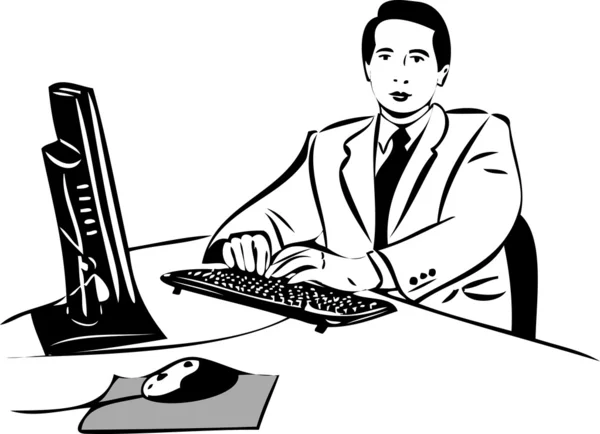 Рисунок парня, работающего за компьютером — стоковый вектор