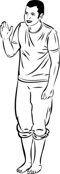 Босоногий мальчик машет рукой — стоковый вектор