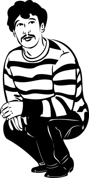 Boceto de un tipo con bigote sentado en sus haunches — Vector de stock
