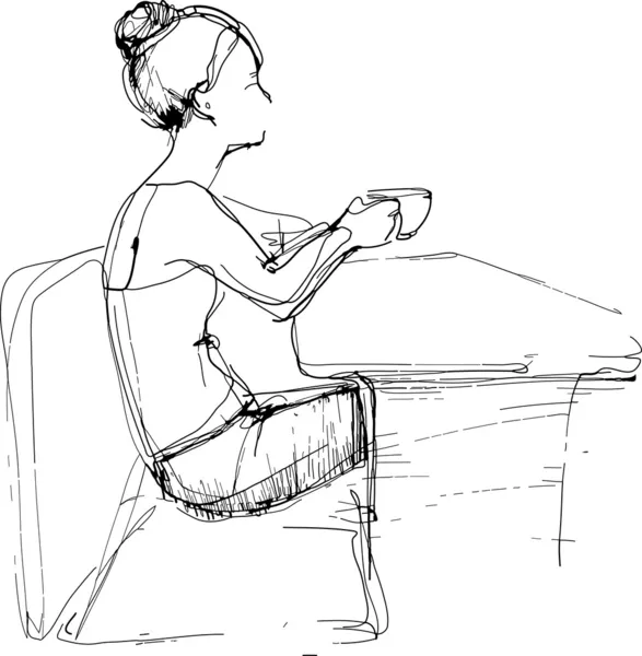 Náčrt dívka pití čaje u stolu — Stockový vektor