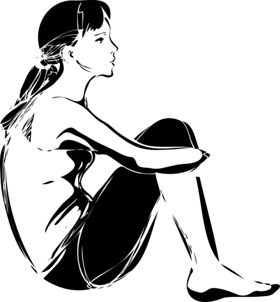 Esboço de uma menina sentada abraçando os joelhos — Vetor de Stock