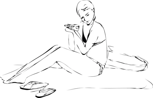 Chica en un traje de baño en la playa sentado y comer — Vector de stock