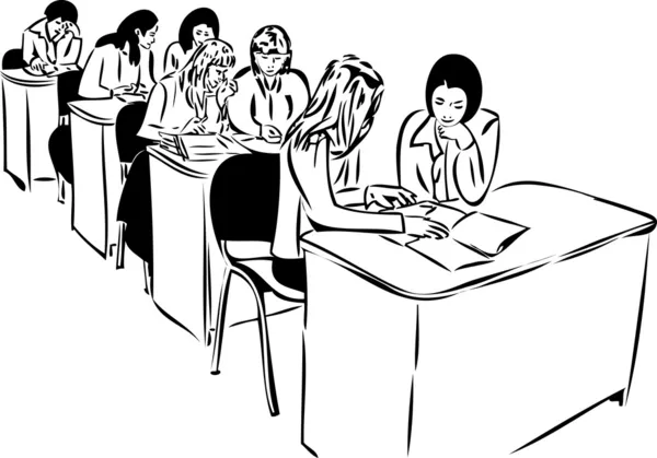 Эскиз девушек в аудитории, сидящих за столом — стоковый вектор