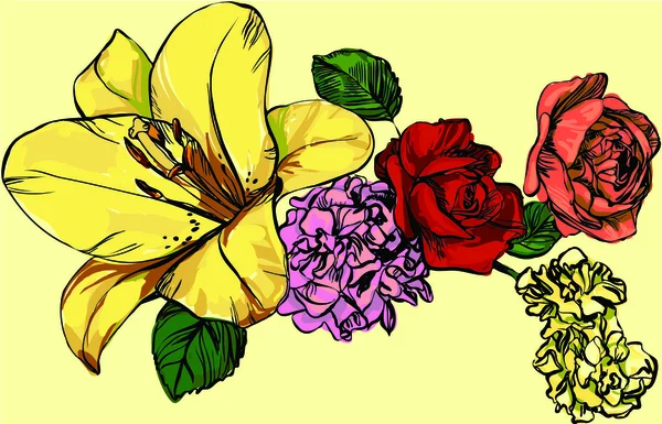黄色の背景に別の花のカラー画像 — ストックベクタ