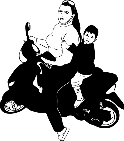 Chica en un scooter conducido por un niño — Vector de stock