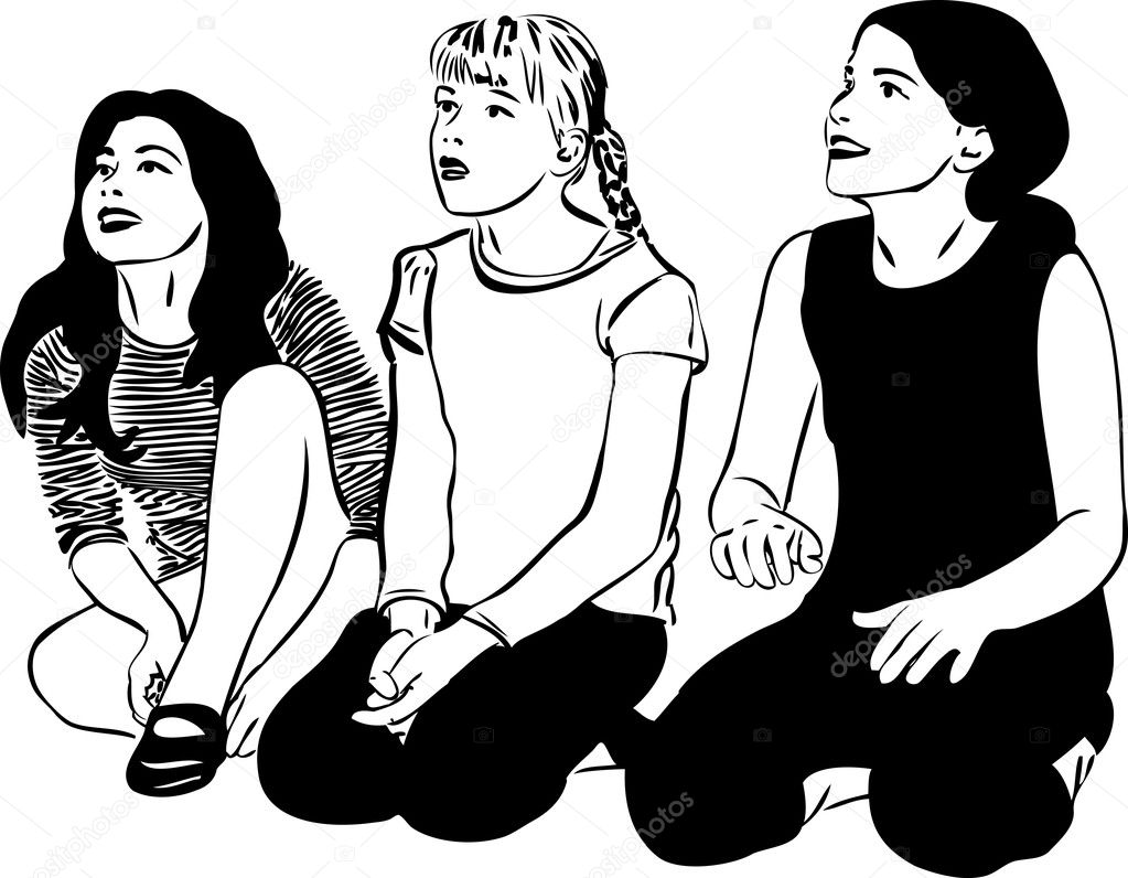 Sketch of three girls with girlfriends