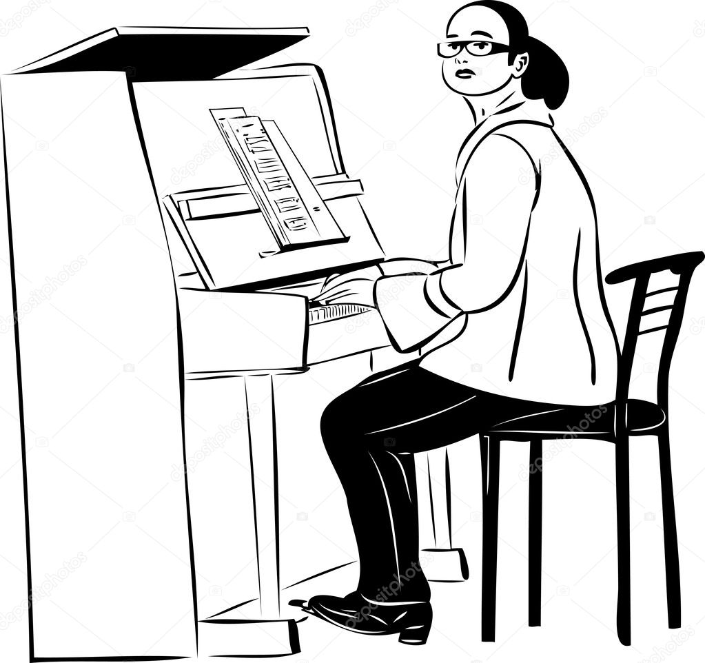 Sketch of a woman pianist in glasses