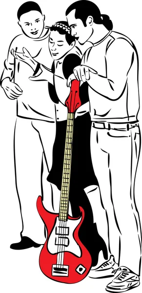 Två killar och en tjej i röd gitarr — Stock vektor