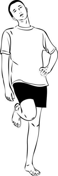 Skiss barfota kille står på ett ben — Stock vektor