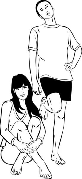 一个男孩和女孩赤脚的剪影 — 图库矢量图片