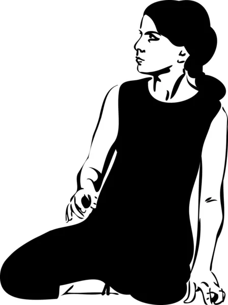 Chica en un maillot negro se sienta en el suelo — Vector de stock