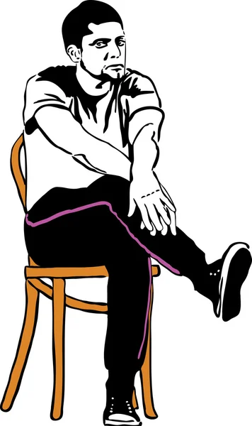 Skizze des Typen in Turnschuhen, der auf einem Holzstuhl sitzt — Stockvektor