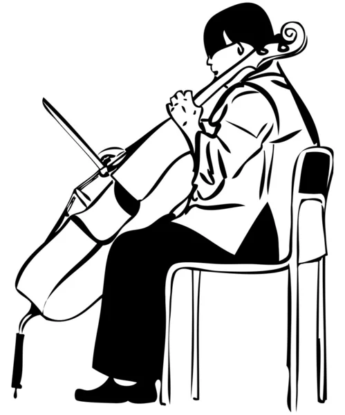 Dibujo de una mujer tocando un arco de violonchelo — Vector de stock
