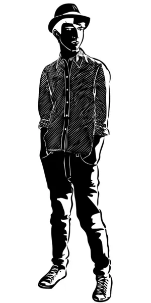 stock vector Sketch of the guy in the hat hands in pockets