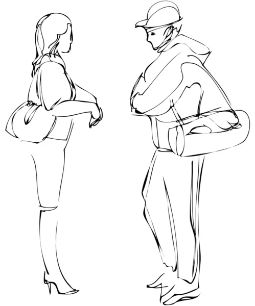 Рисунок мальчика и девочки, разговаривающих стоя — стоковый вектор