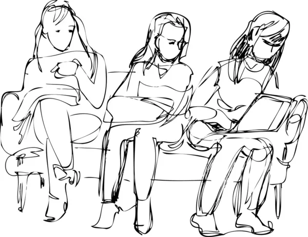 Sketch of the three girls sitting on the couch one — Stok Vektör
