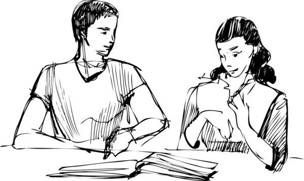 Skiss av en kille och en tjej som läser en bok på bordet — Stock vektor