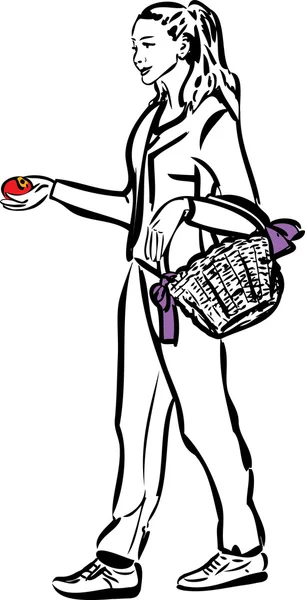 Skizze eines Mädchens mit einem Korb und einem Apfel in der Hand — Stockvektor