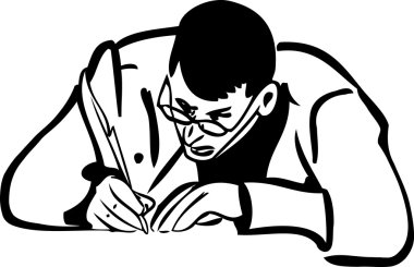 Sketch of a man with glasses writing quill pen