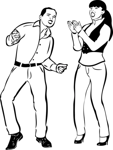 Menino e uma menina cantando e dançando juntos — Vetor de Stock