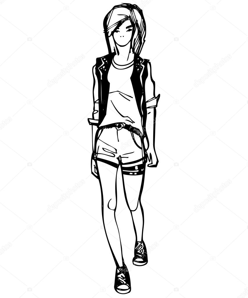 Sketch of a girl in sneakers and shorts are directly Stock Vector Image ...