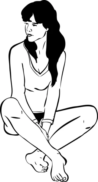 Skizze eines Mädchens, das barfuß im T-Shirt sitzt — Stockvektor