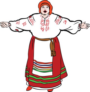 şişman kadın Ukraynalı bir kostümle söylüyor ve uygun