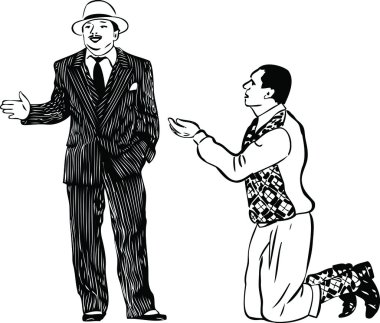 Man on his knees asking the men in striped suit clipart