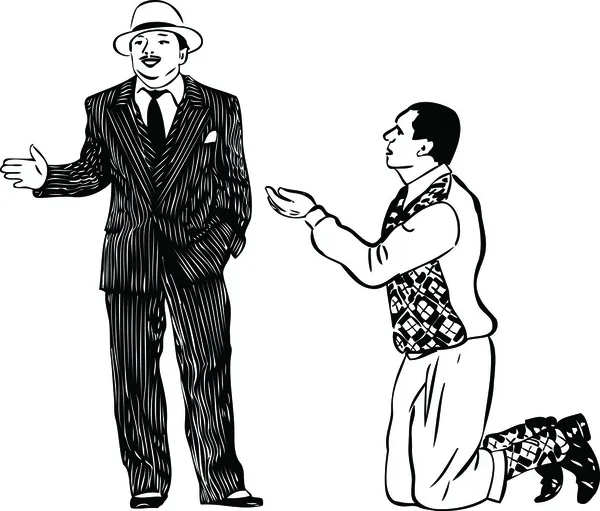Άνθρωπος στα γόνατά του, ζητώντας από τους άνδρες σε ριγέ κοστούμι — Διανυσματικό Αρχείο