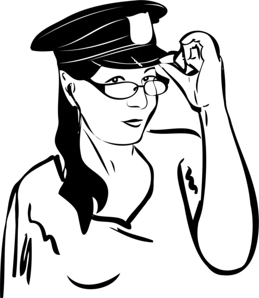 Menina tentando em óculos em um boné da polícia — Vetor de Stock