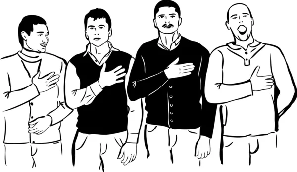 Quatro homens ouvem e cantam seu hino nacional — Vetor de Stock