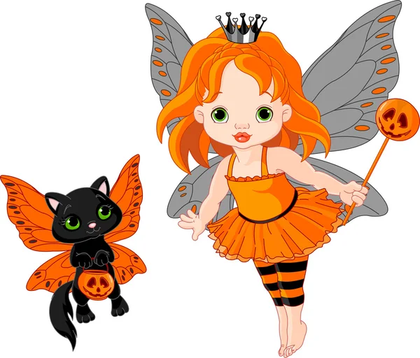 Mignon Halloween bébé fée et chat — Image vectorielle