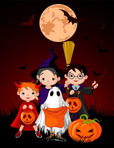 Halloween achtergrond met truc of behandelen kinderen — Stockvector