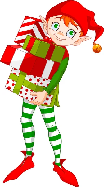 Christmas Elf with gifts — Stock Vector