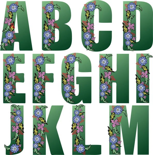 Πράσινο αλφάβητο με λουλούδια — Διανυσματικό Αρχείο
