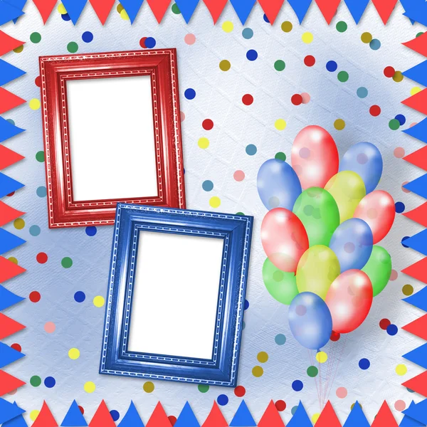 Bright multicolored background with frames, balloons and confett — Stock Photo, Image