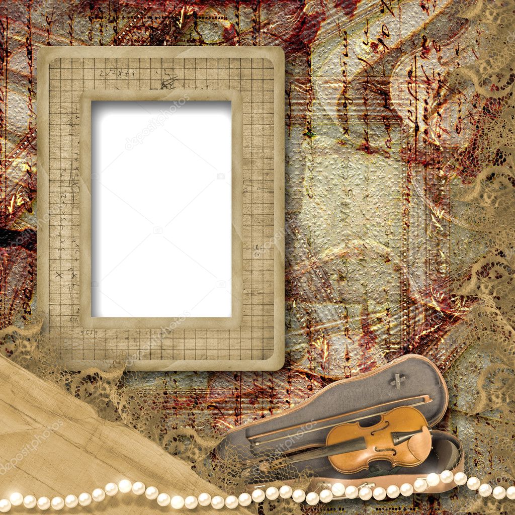 The old frame and violin in case on the vintage background