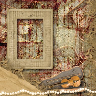 The old frame and violin in case on the vintage background clipart