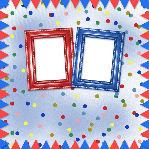 Fel veelkleurige achtergrond met frames, vlaggen en confetti — Stockfoto