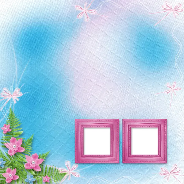 Houten frame voor foto met roze orchideeën en groene fern — Stockfoto