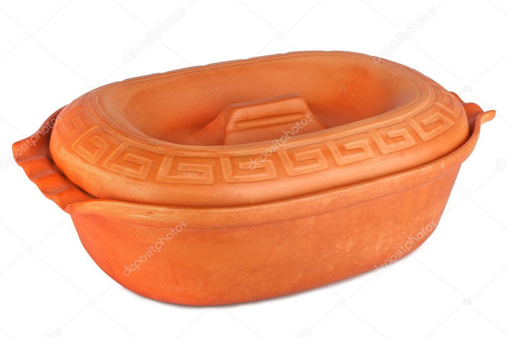 Clay pot with lid on white background isolated