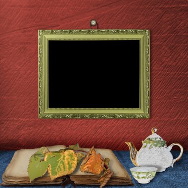 The wooden frame on the wall and teapot with cup of tea on the clipart